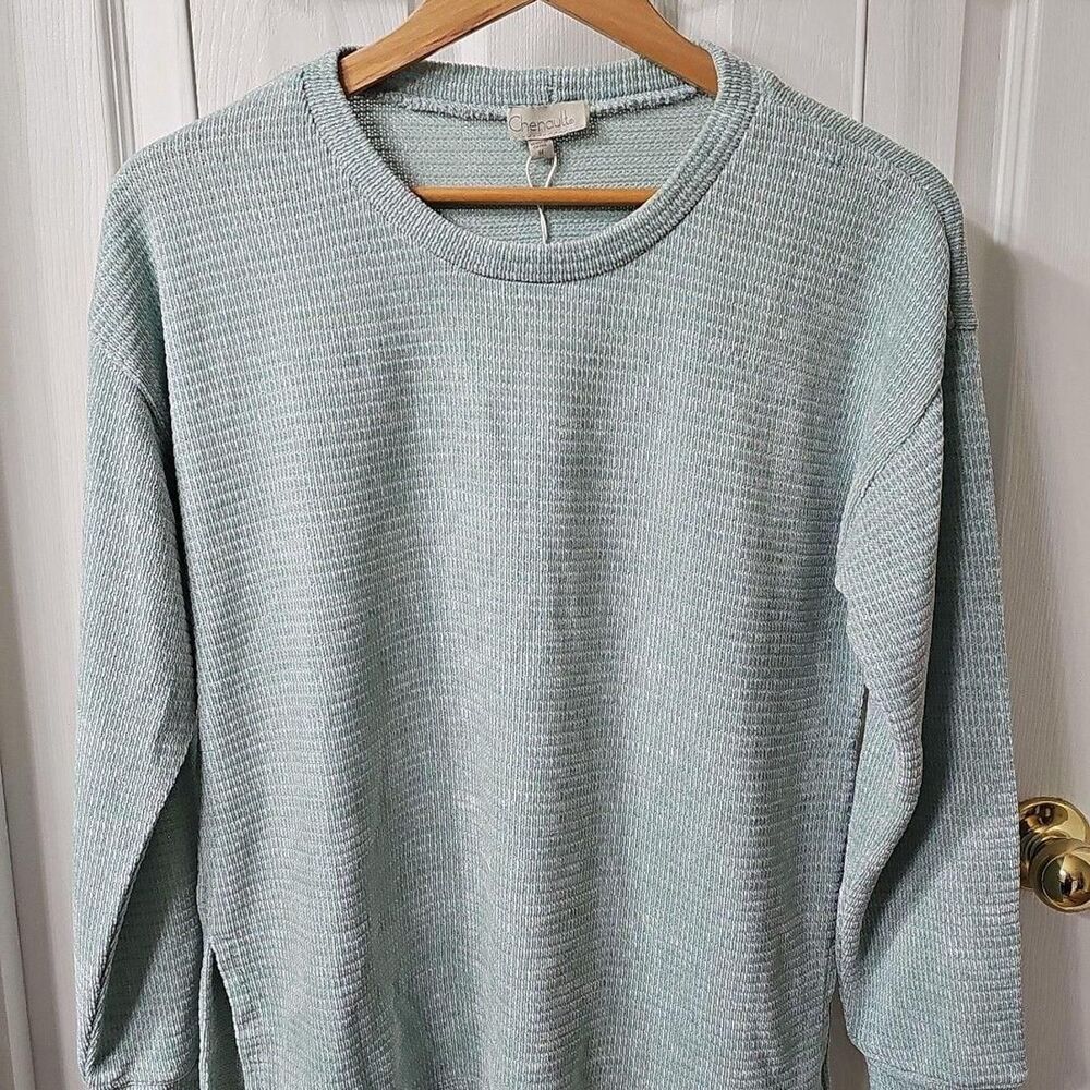 Chenault Mint Green Waffle Knit Textured Long Sleeve Pullover Sweater, Size M